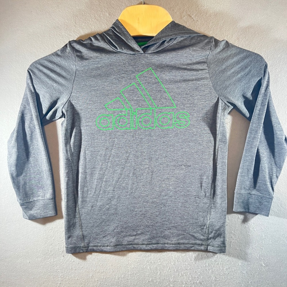 817 | Adidas Climalite Graphic Logo Hooded T-Shirt Gray Neon Green Youth M 10/12